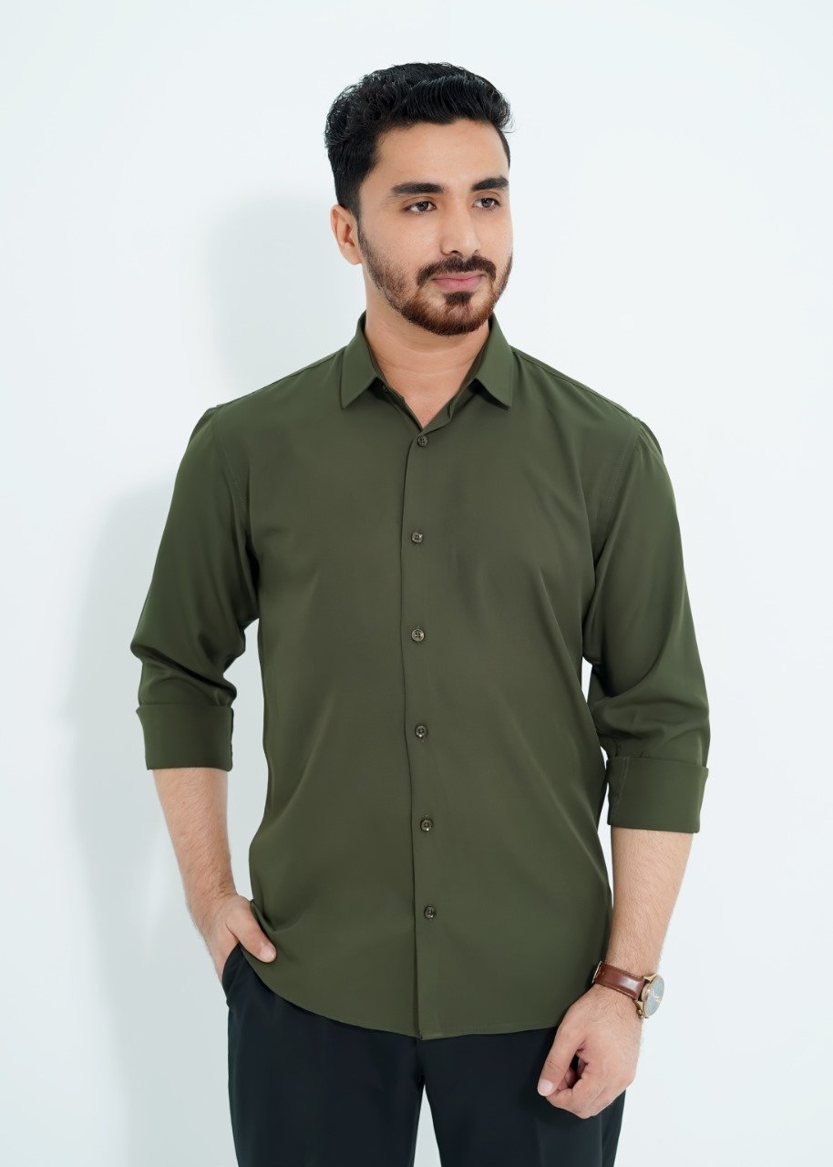 Olive Spandex Glossy Fabrics Shirt
